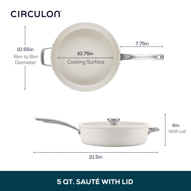 Ceramic Nonstick 5-Quart Sauté Pan with lid, handles & measurement marks.