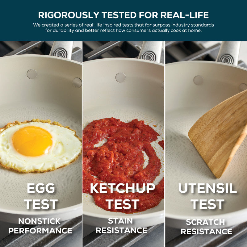 Ceramic Nonstick 5-Quart Sauté Pan: eggs, ketchup, utensil tests.
