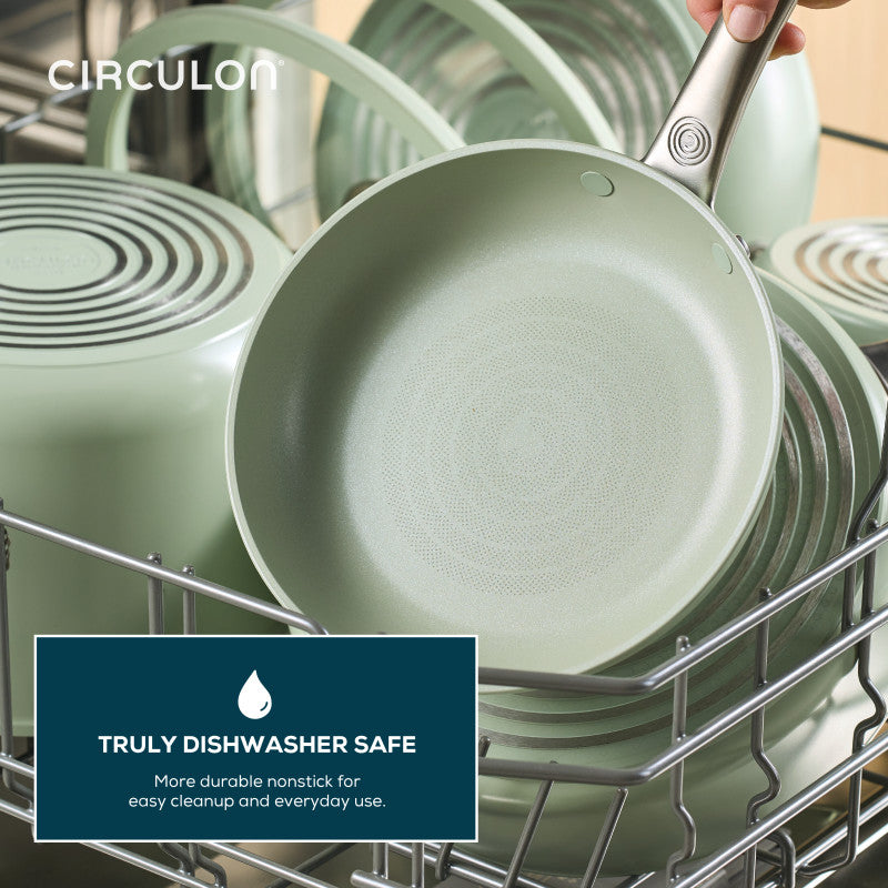 The Ceramic Nonstick 2-Piece Skillet Set sits in a dishwasher rack.