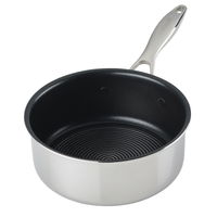 A stainless steel saucepan with a black non-stick interior and a silver handle.