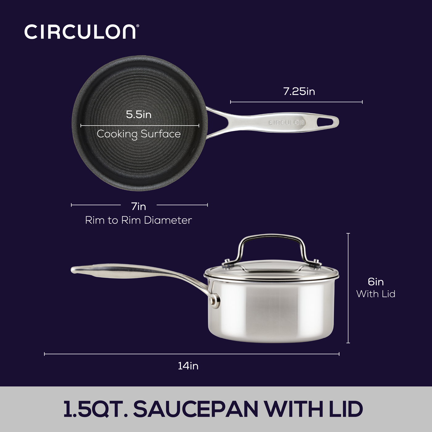 Stainless steel saucepan with lid and cooking surface measurements shown.