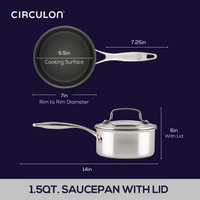 Stainless steel saucepan with lid and cooking surface measurements shown.