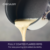 Close-up of sauce pouring from a pot with fully coated flared rims.