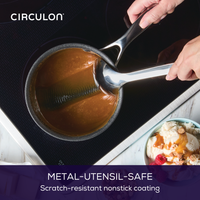 Person stirring sauce in a saucepan, ice cream dessert nearby.