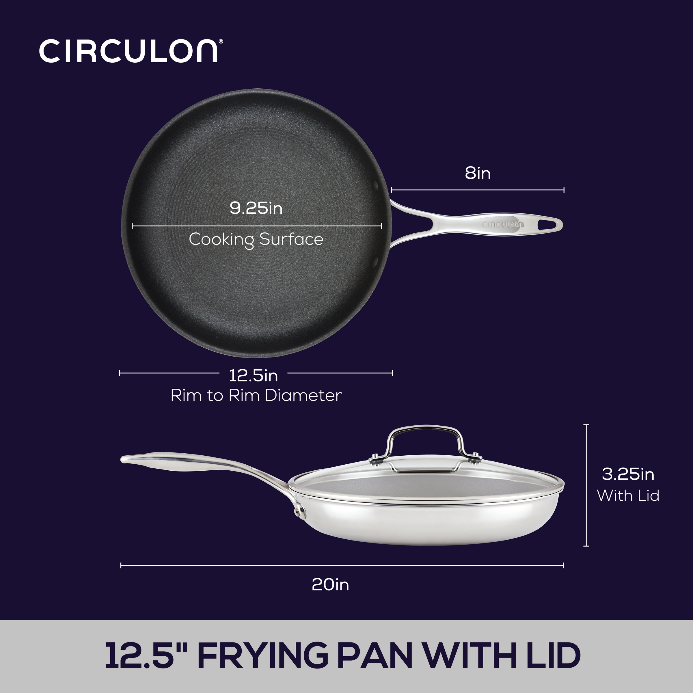 Diagram of a 12.5-inch frying pan with lid and measurements.