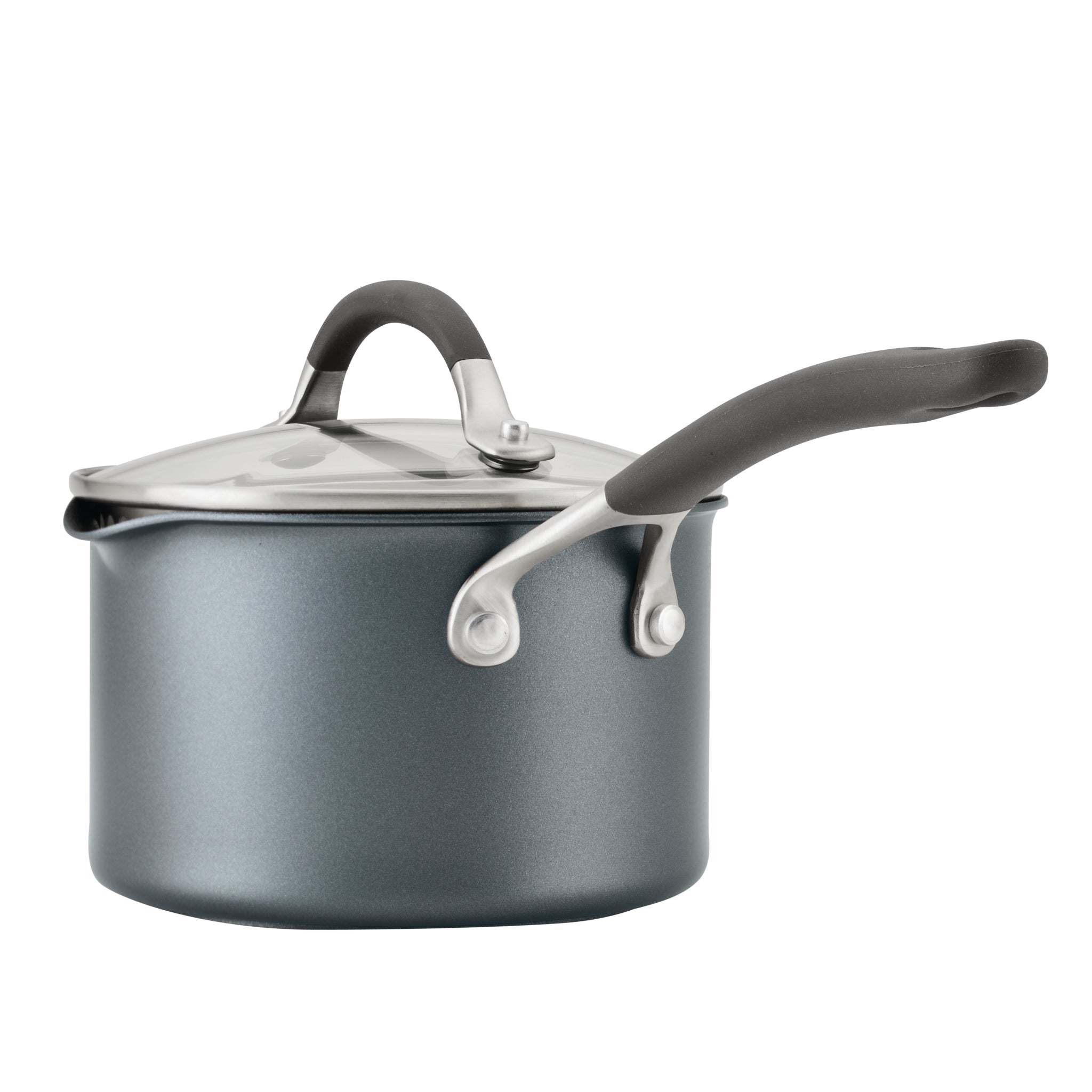 A grey saucepan with a lid and black handle.