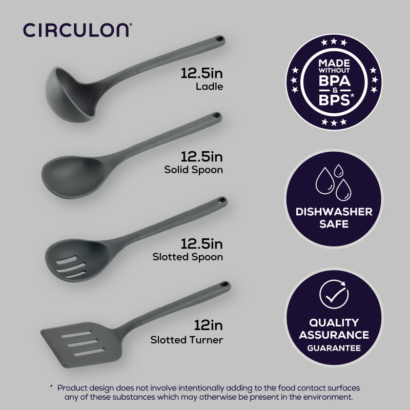 4-Piece Silicone Tools Set: includes ladle, solid spoon, slotted spoon, turner.