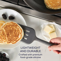 Flipping pancakes with the 4-Piece Silicone Tools Set and fresh blackberries nearby.