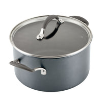 A gray A1 ScratchDefense™ pot with a glass lid and rubber handles.