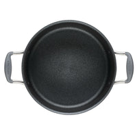 A black 5-Quart ScratchDefense Nonstick Dutch Oven with handles and lid.