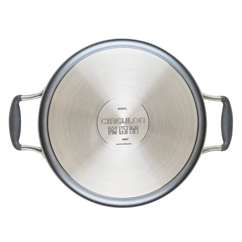 Top view of 5-Quart ScratchDefense Nonstick Dutch Oven with black handles.