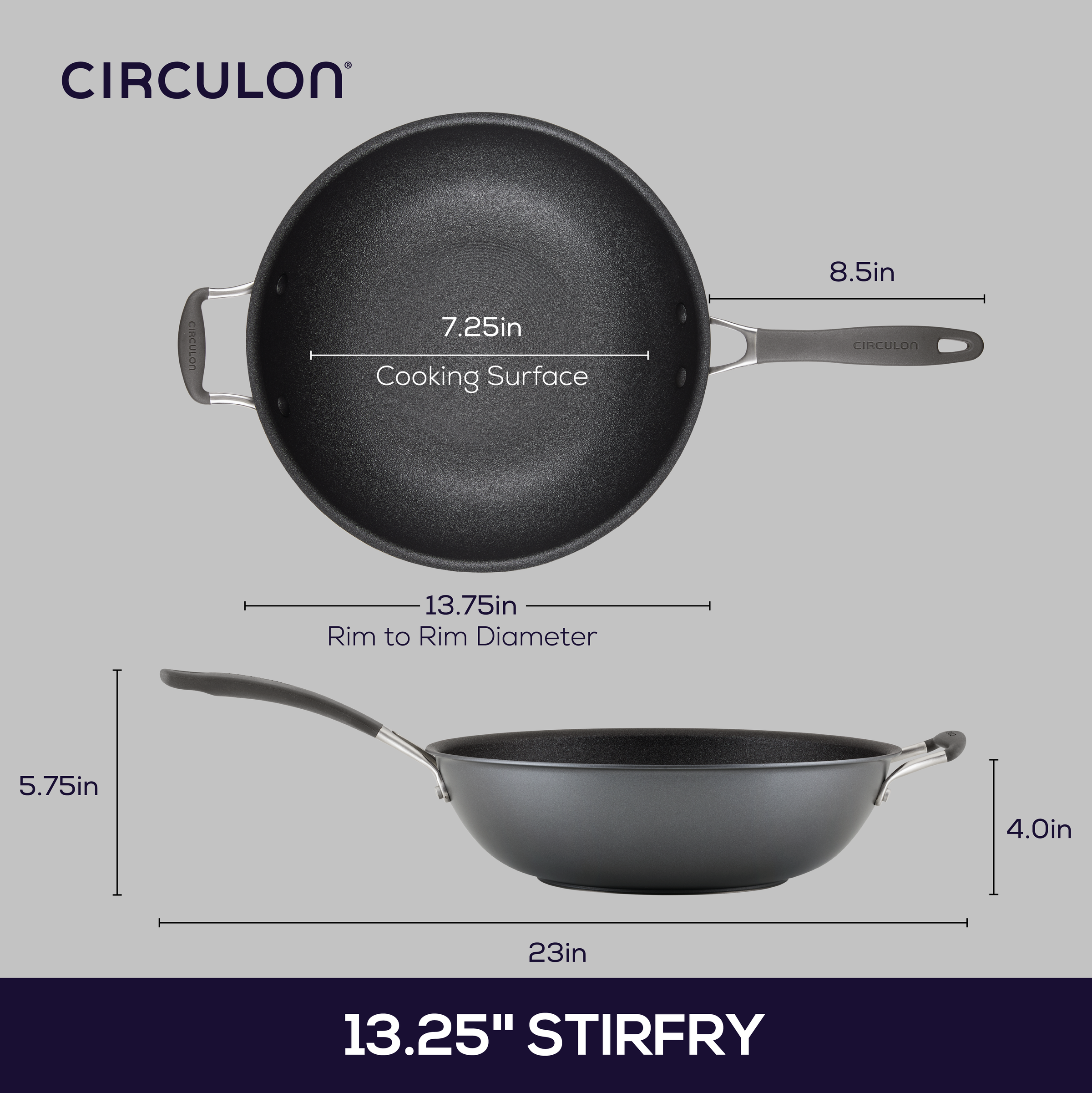 Diagram of 13" A1 ScratchDefense™ StirFry Pan with Helper Handle.