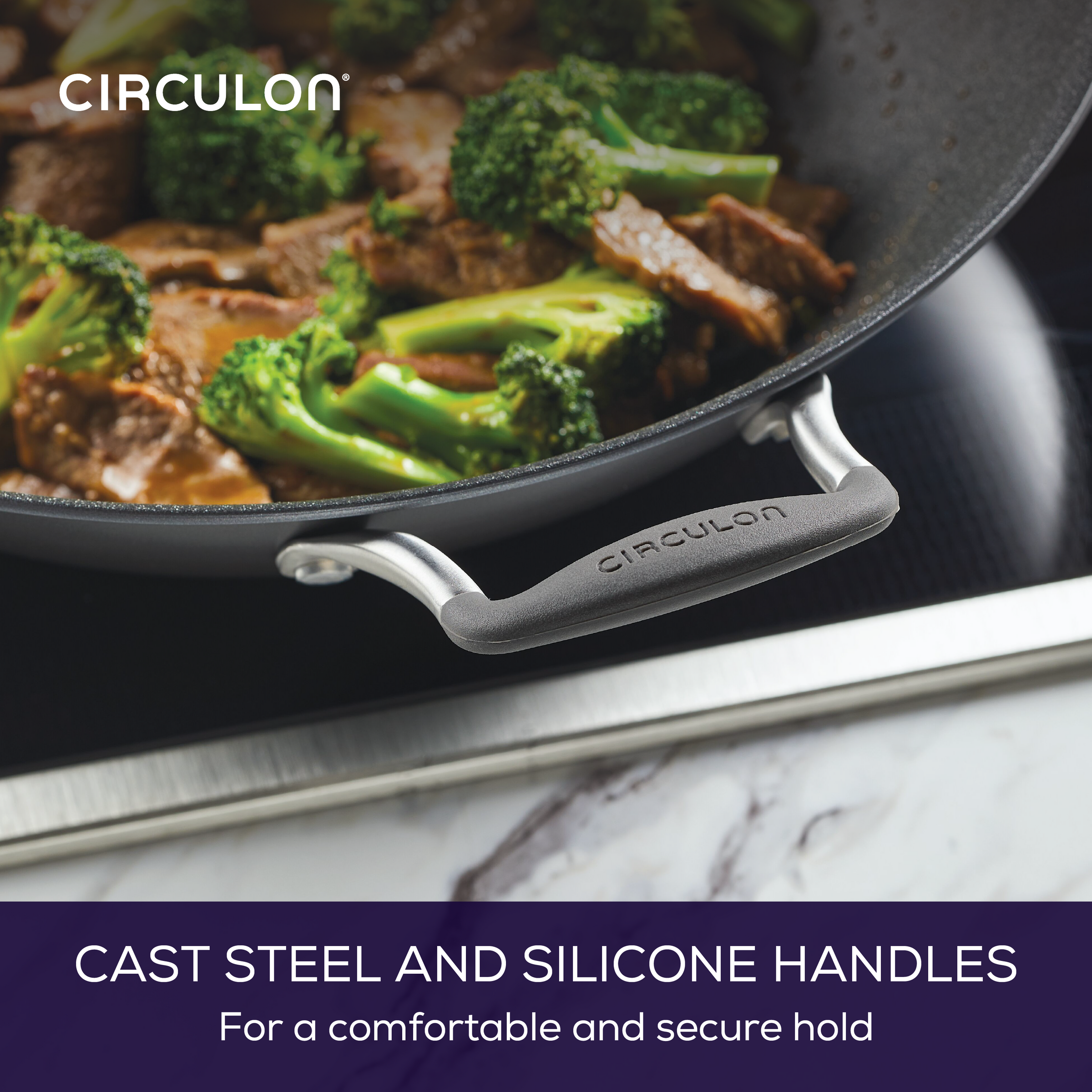 Wok with beef, broccoli, and A1 ScratchDefense™ handle visible.