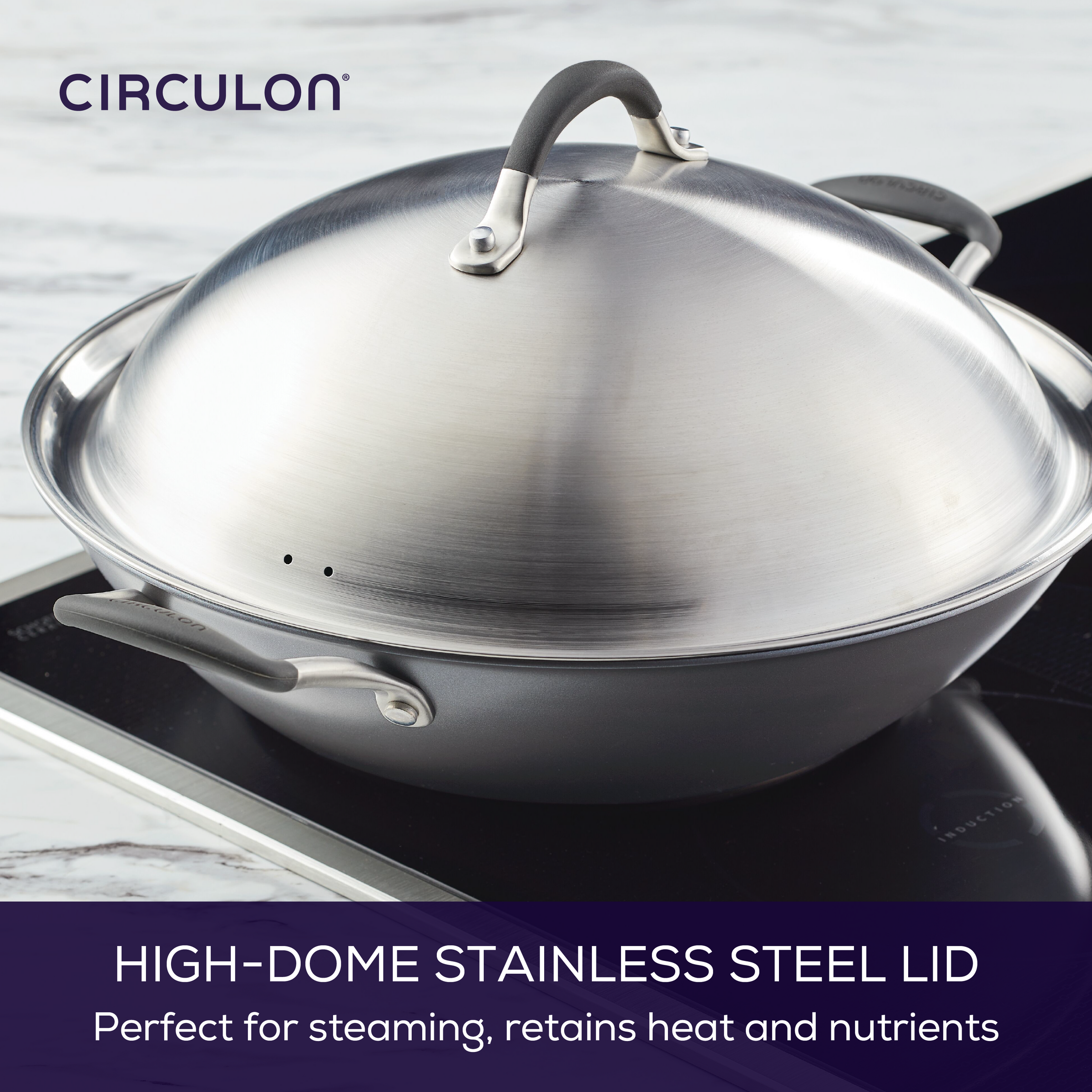 A 14" A1 ScratchDefense™ wok with lid is dishwasher-safe for induction stoves.