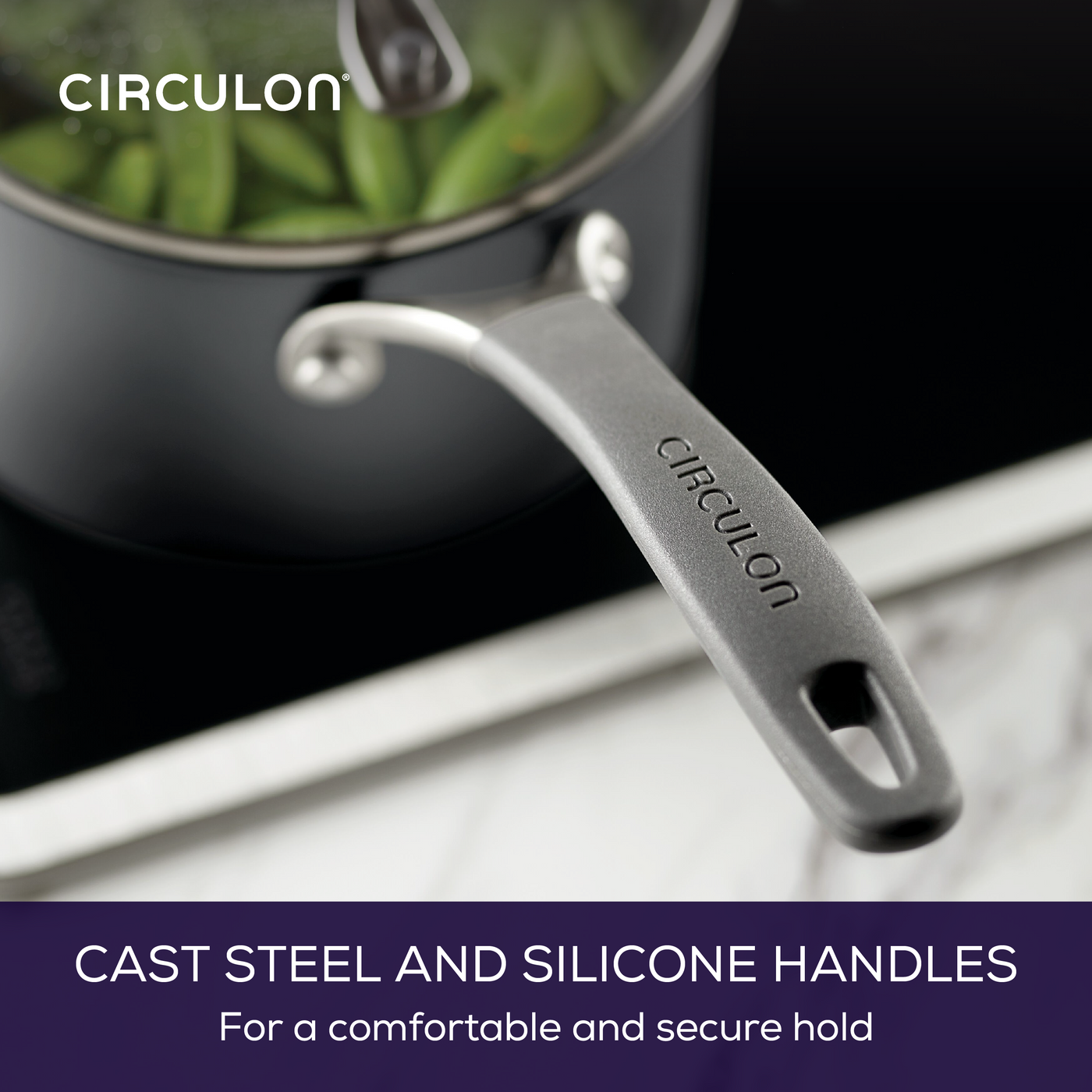 Close-up of a pot handle labeled "Circulon" with green beans inside.