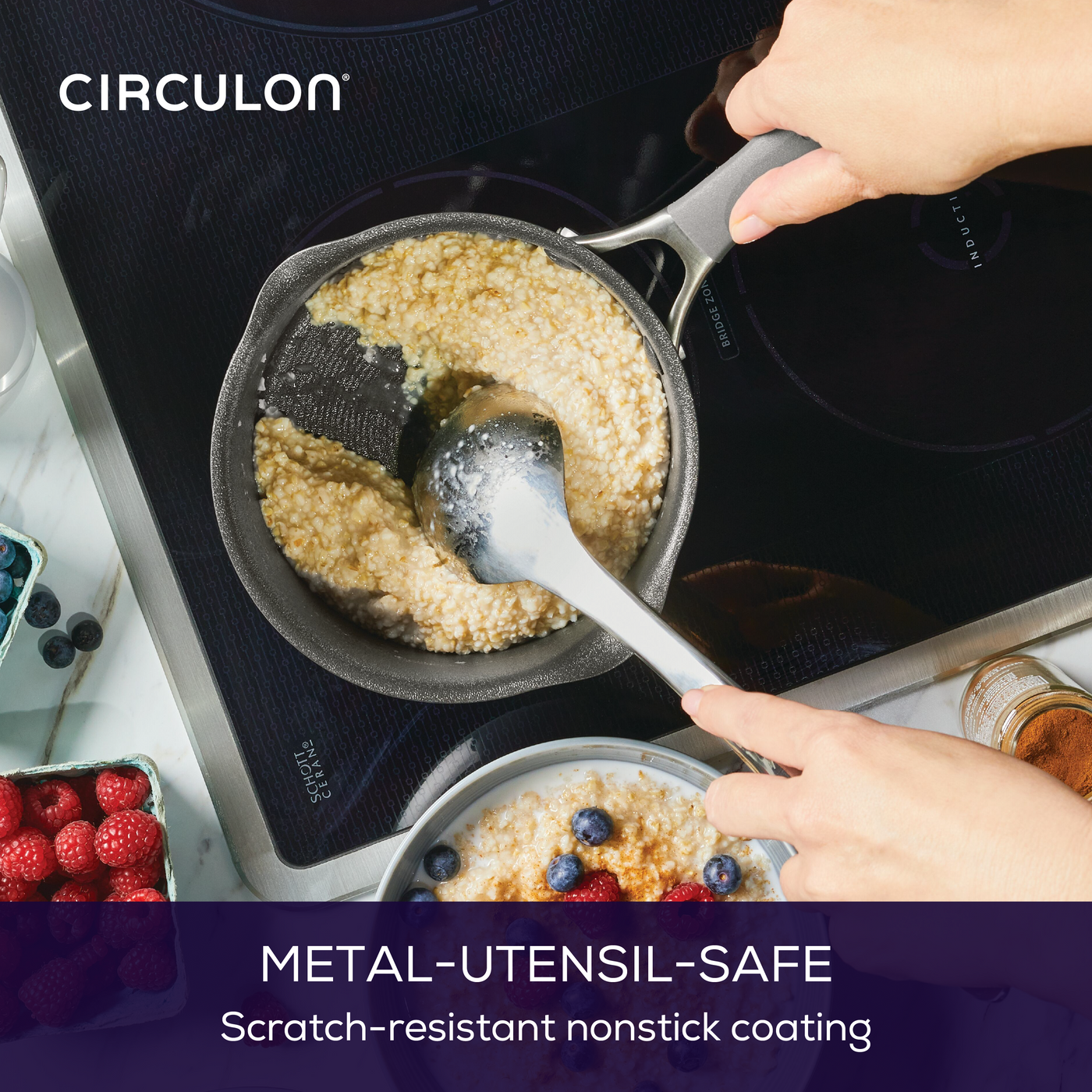 Person stirring oatmeal in a pot on a stovetop.
