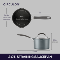 Diagram of a 2-Quart A1 ScratchDefense™ saucepan with measurements shown.