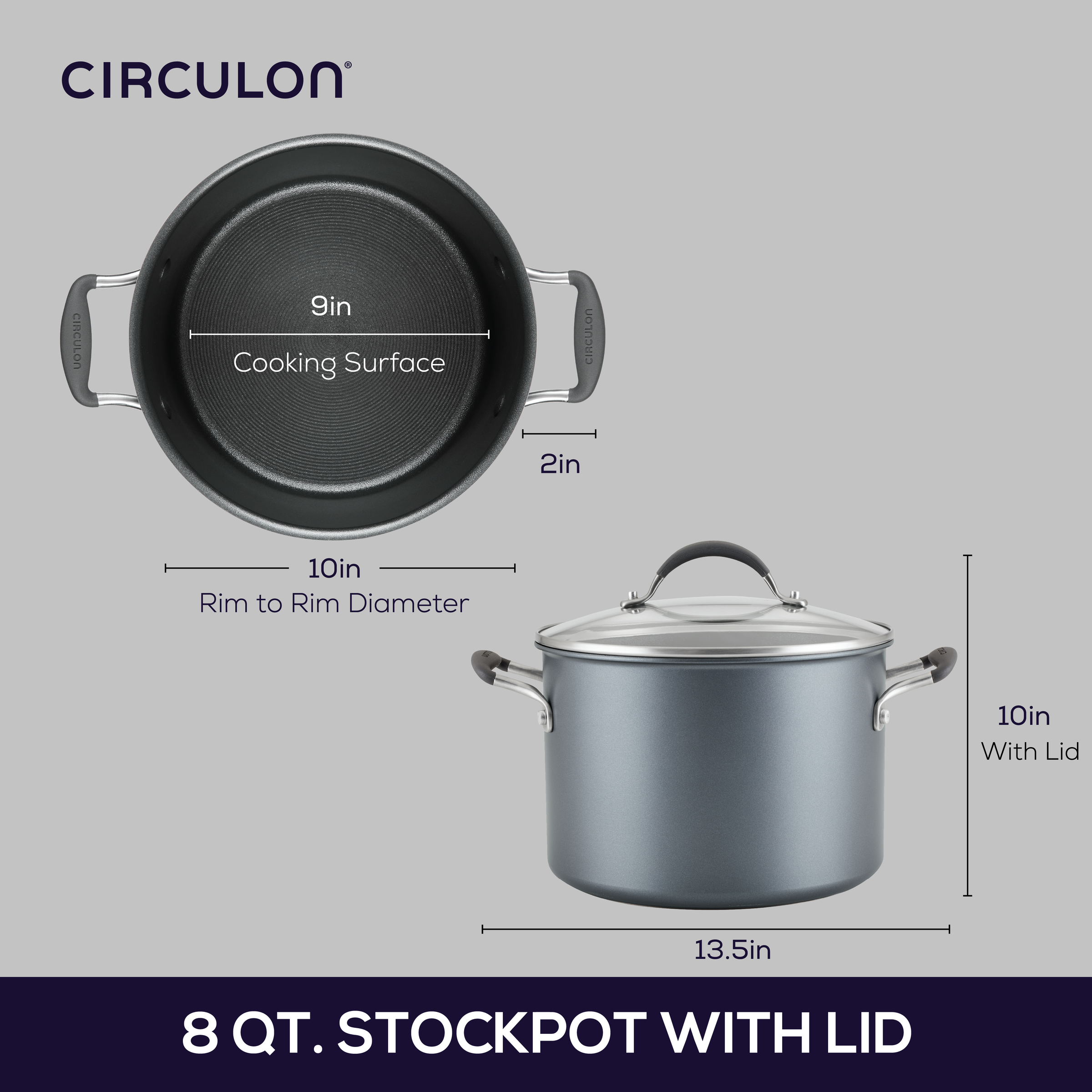 Diagram of an 8-quart stockpot with lid, showing dimensions.