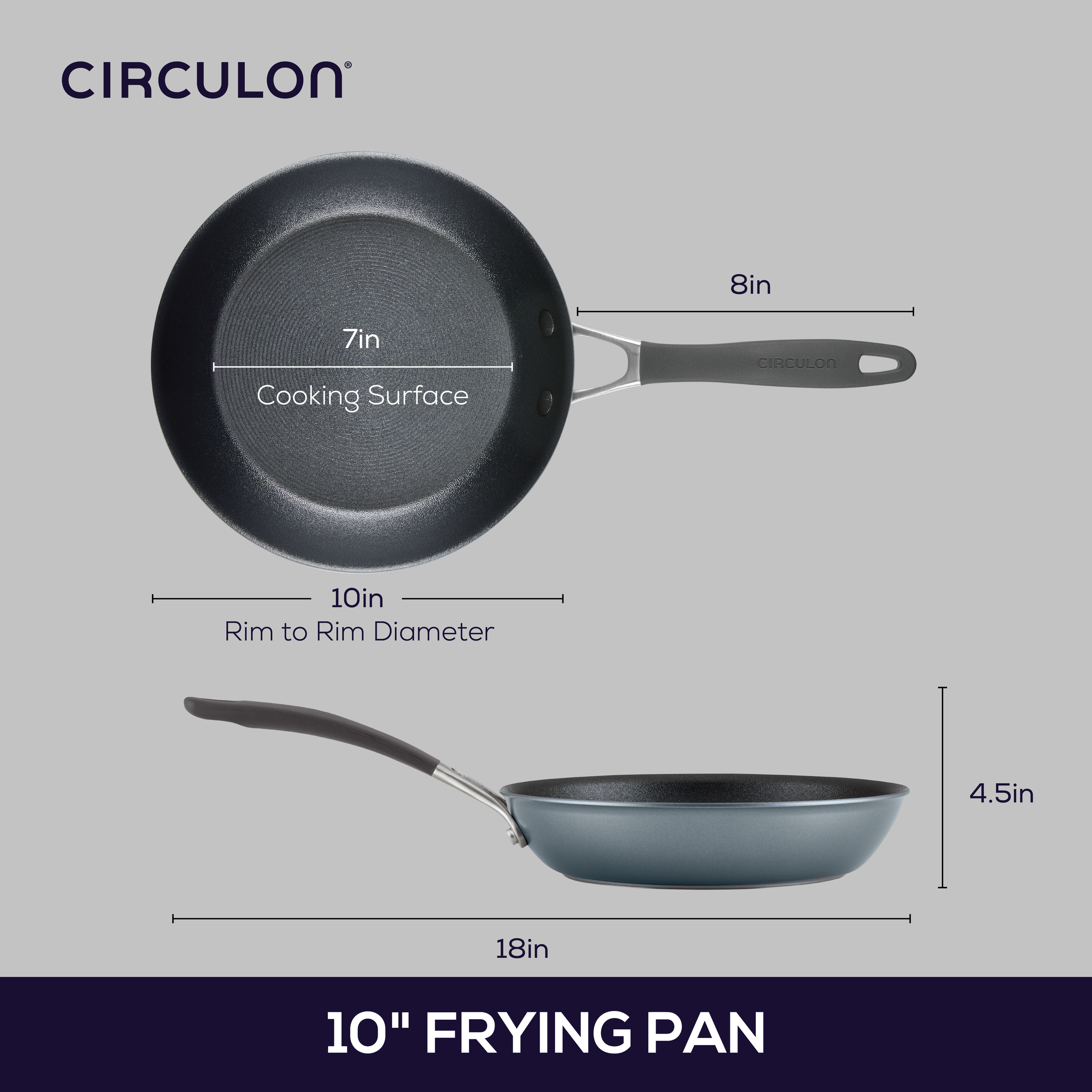 Diagram of a Circulon 10" frying pan with measurements.