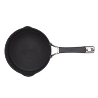 Black frying pan with a metal handle on a white background.