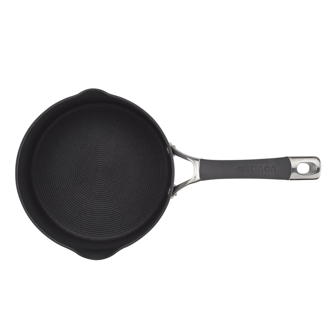 Black nonstick frying pan with a stainless steel handle viewed from above.