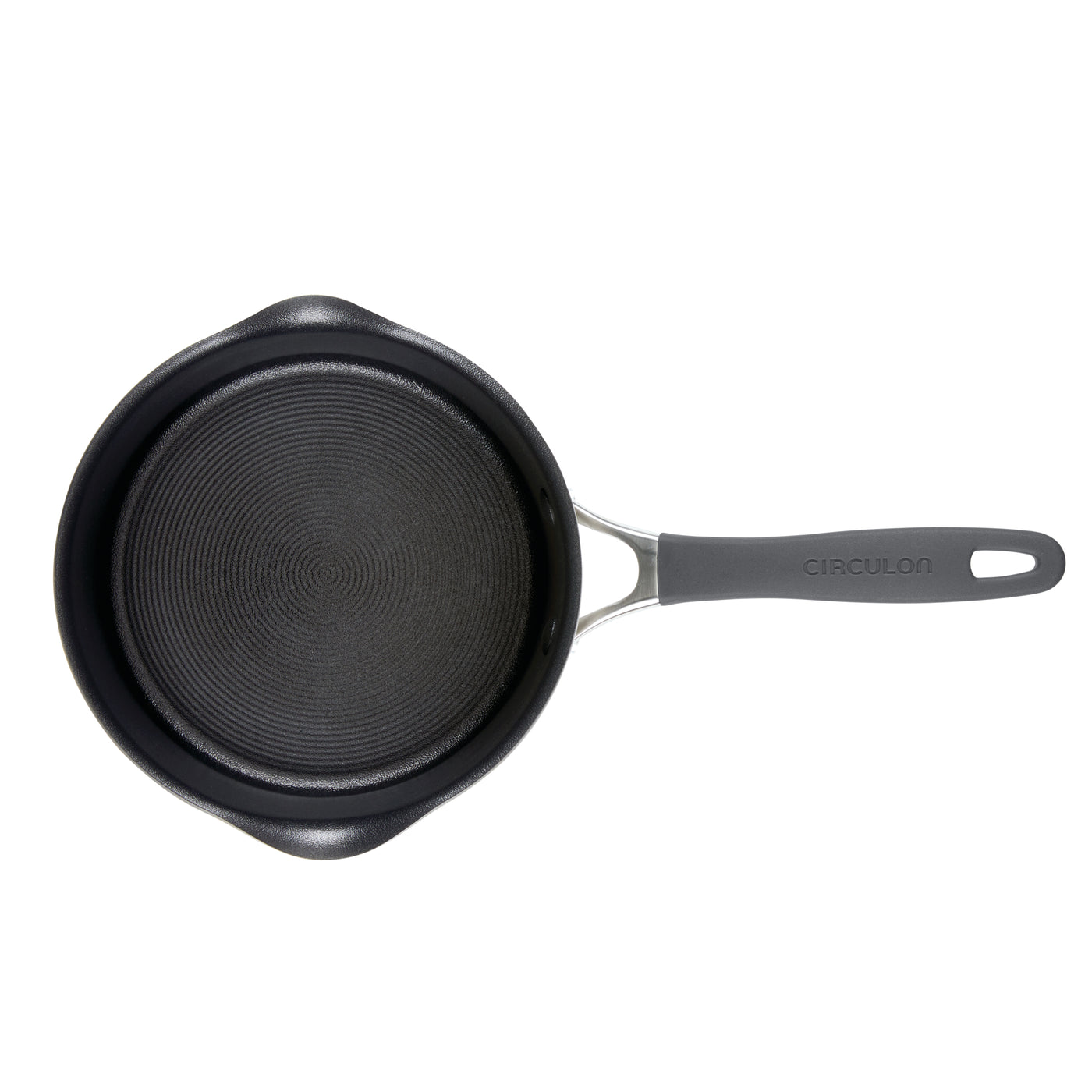 Black non-stick saucepan with a gray handle, viewed from above.