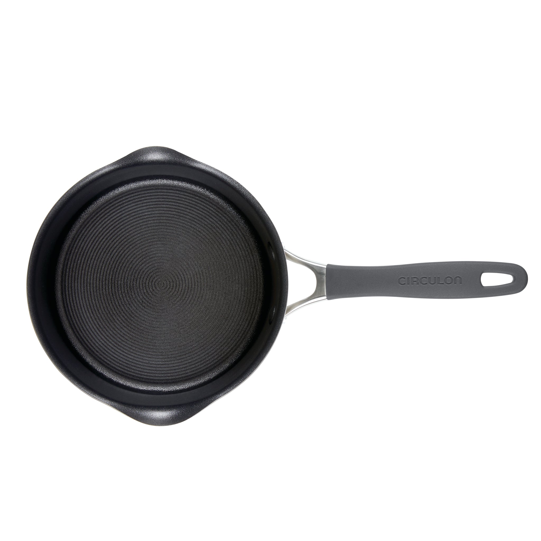 Black non-stick saucepan with a gray handle, viewed from above.