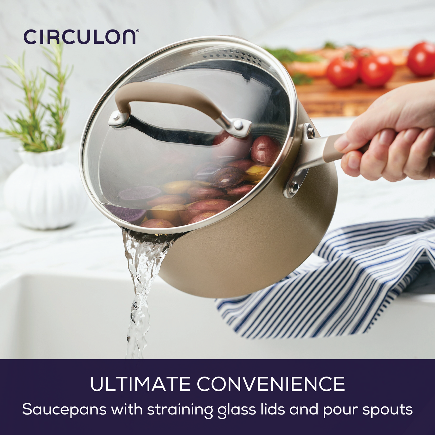 A person skillfully pours water from a saucepan included in the 8-Piece Nonstick Cookware Set, utilizing its straining glass lid.