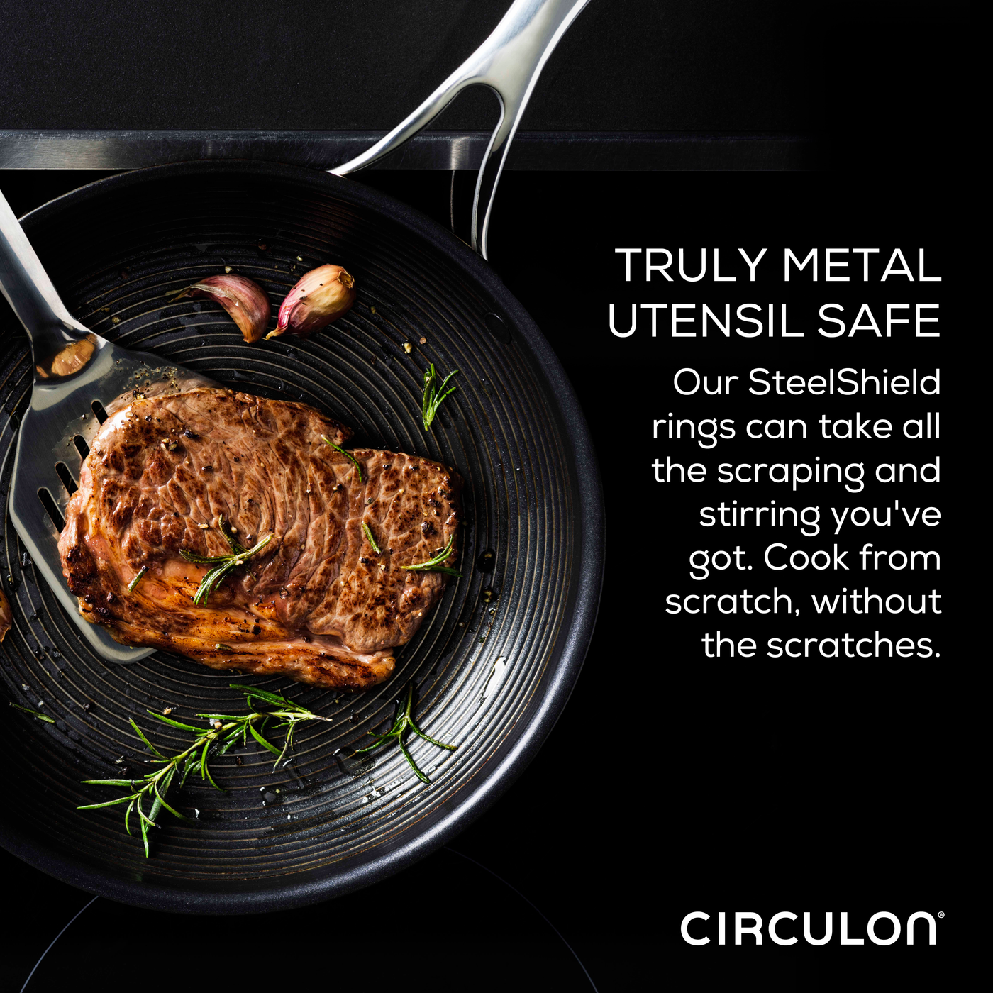 A steak in a pan with a metal spatula and garlic cloves. Text about steel rings.