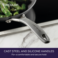 Frying pan handle close-up with silicone grip.