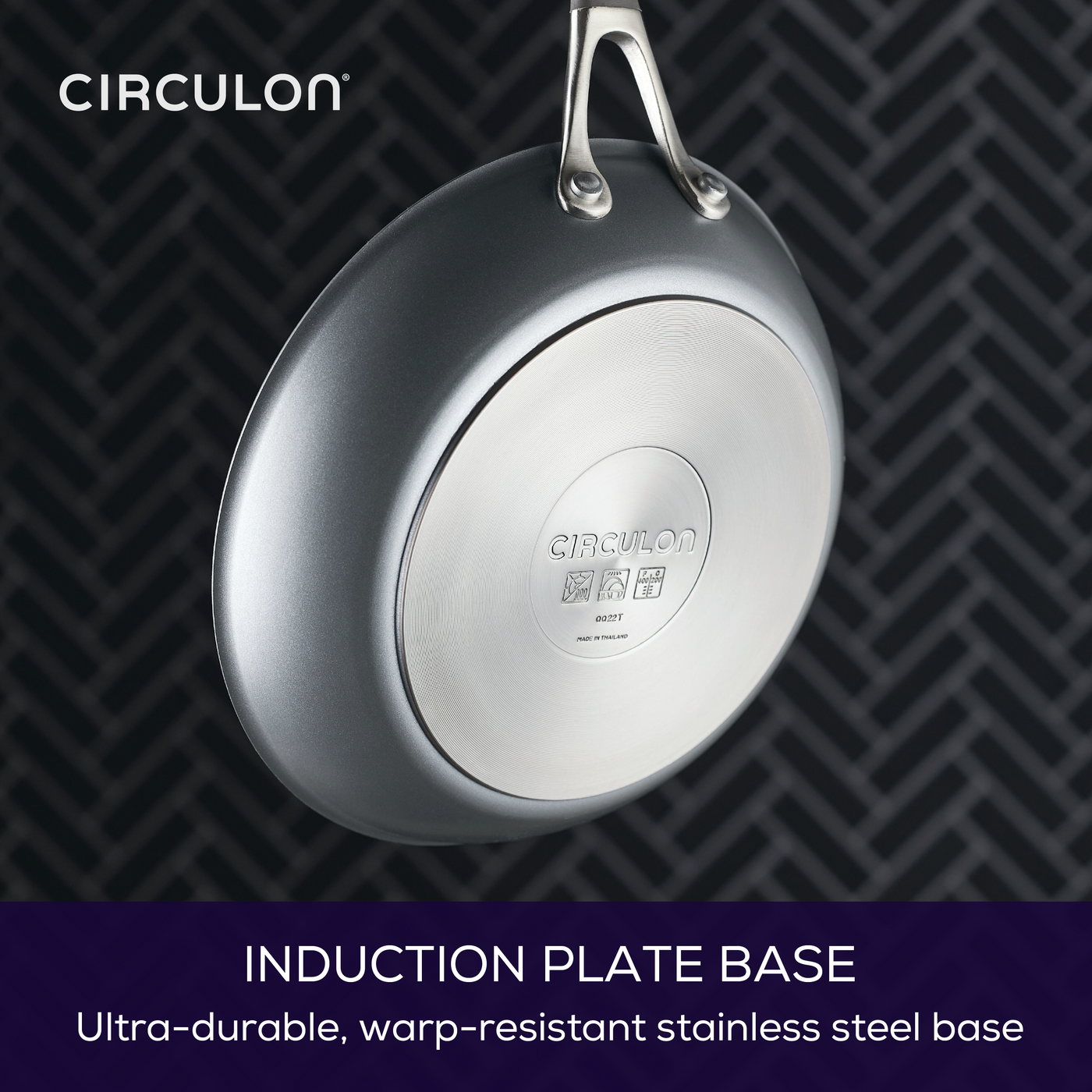 ScratchDefense™ cookware set against a patterned background.