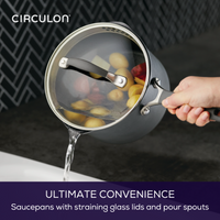 Strain liquid with Circulon 12-Piece ScratchDefense™ Nonstick Cookware Set.