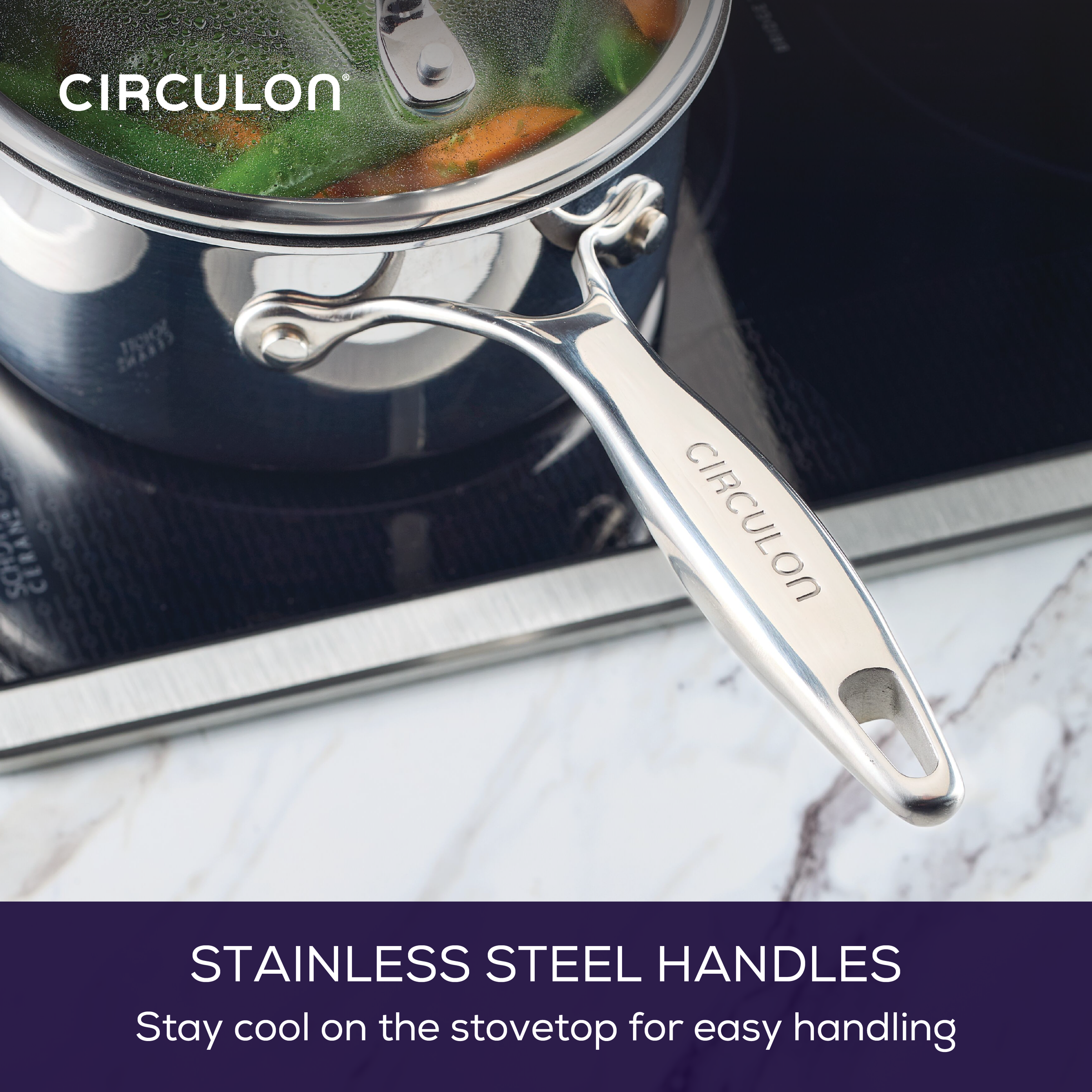 Pot with stainless steel handle on a stovetop, brand logo visible.