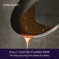 A pan with sauce pouring out, described as having fully coated flared rims.