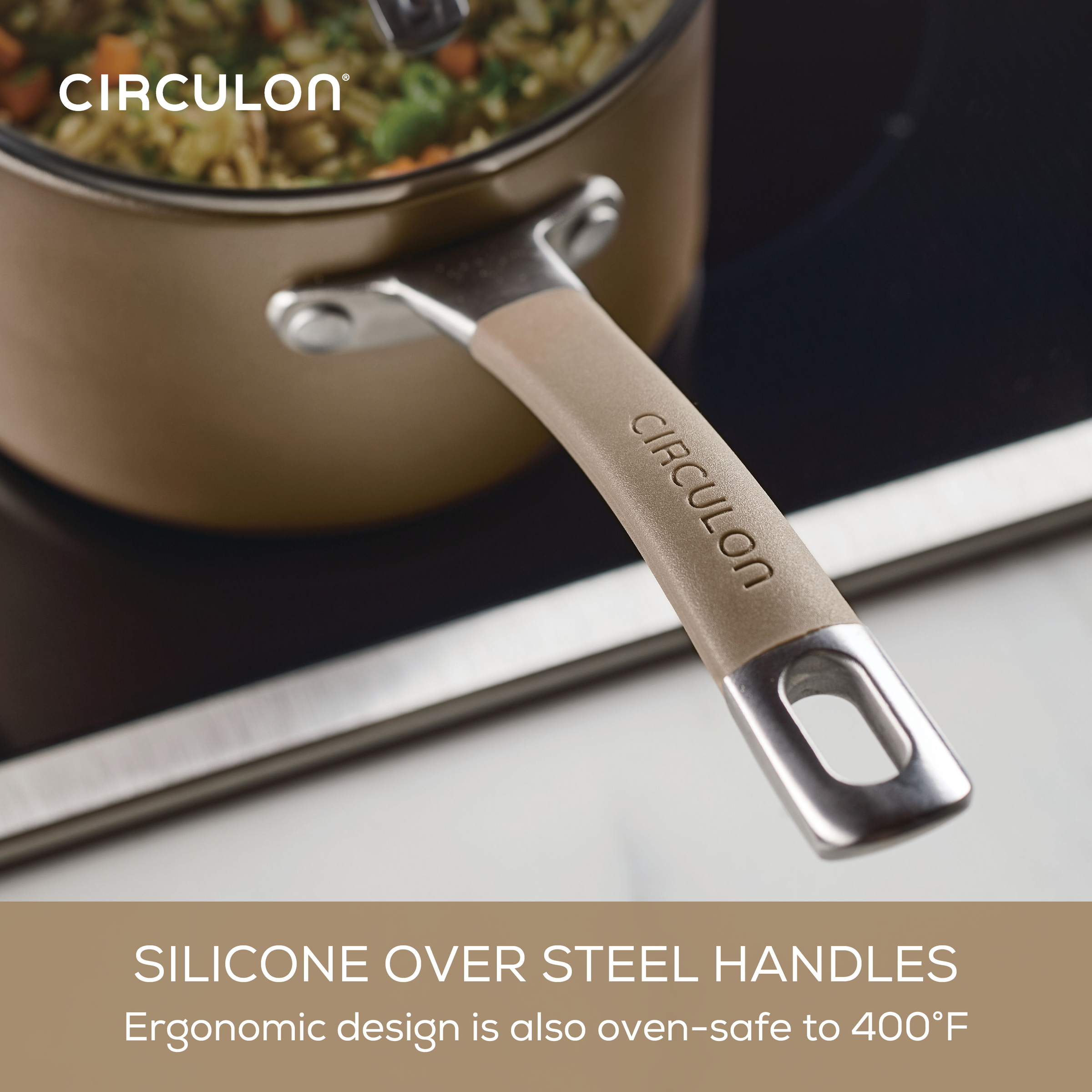 Close-up of a ScratchDefense pot with a silicone handle on a stovetop.