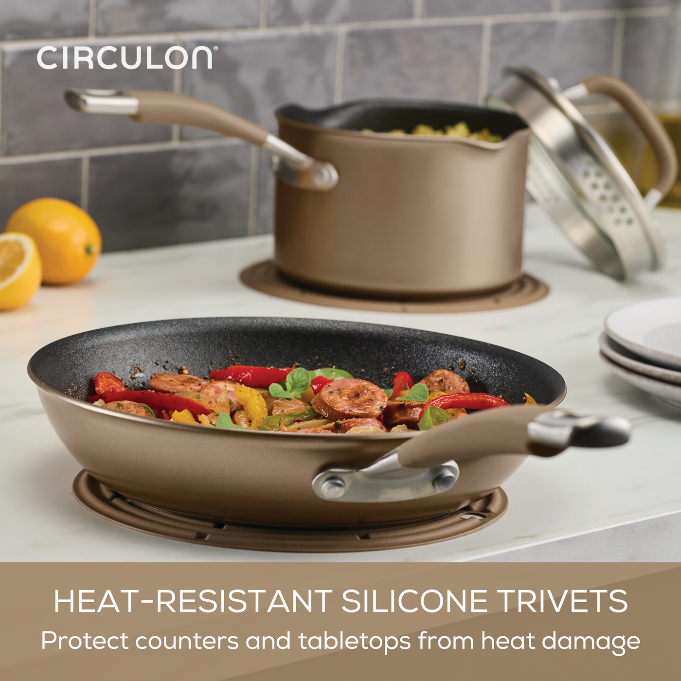 ScratchDefense cookware on trivets with veggies and seasoning inside.