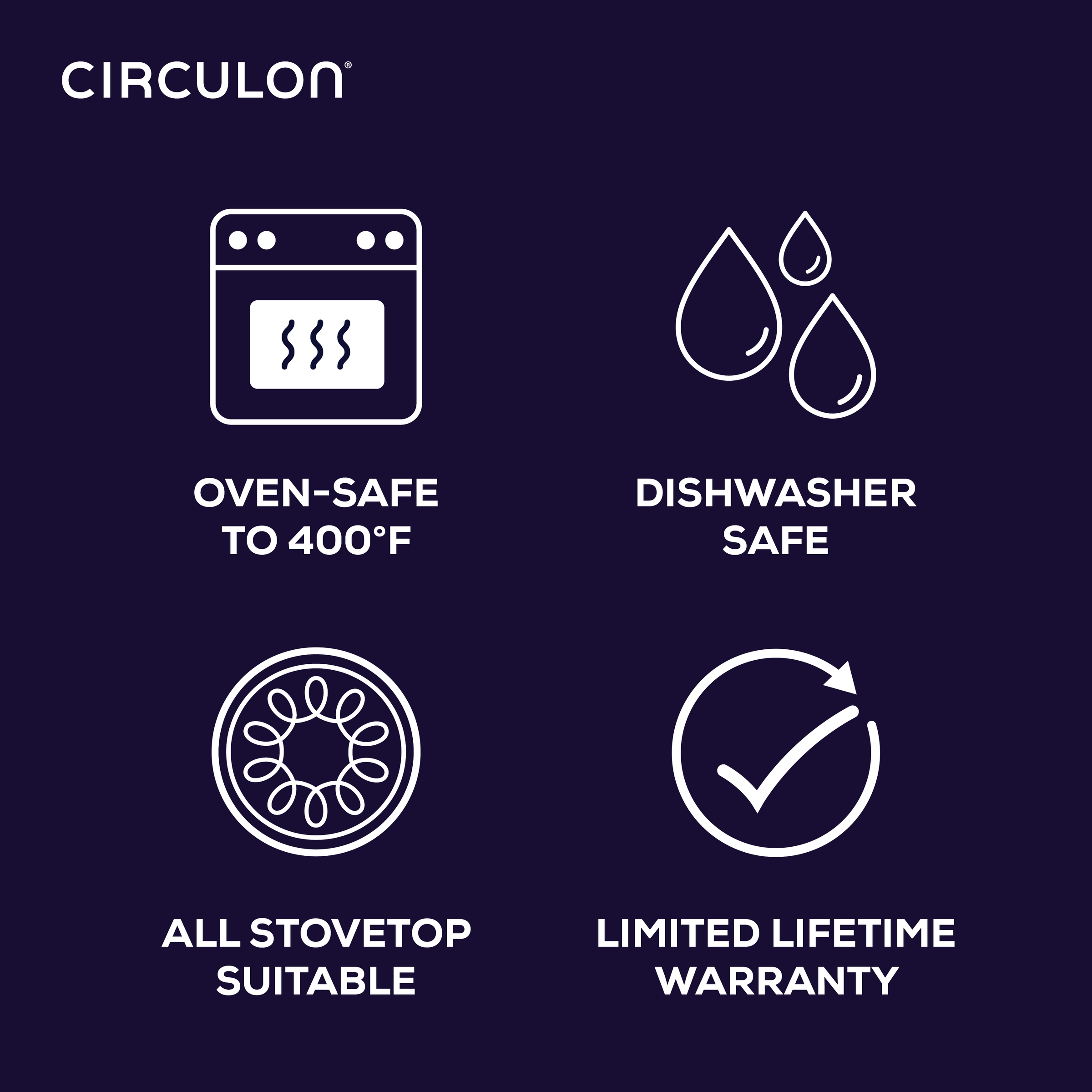 Cookware icons: oven-safe, dishwasher safe, stovetop suitable, lifetime warranty.