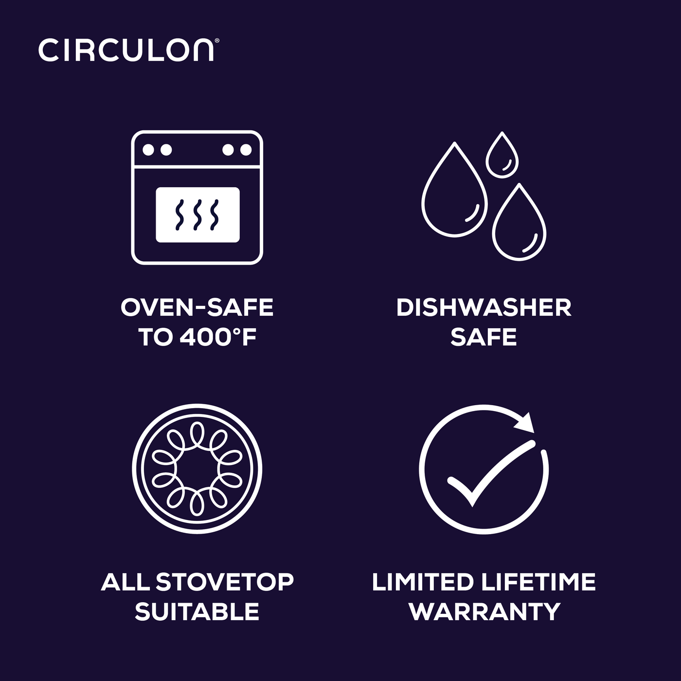 Circulon cookware features and benefits: oven and dishwasher safe, versatile.