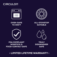 Icons detail Circulon's features: oven-safe, stovetop, nonstick, and dishwasher safe.