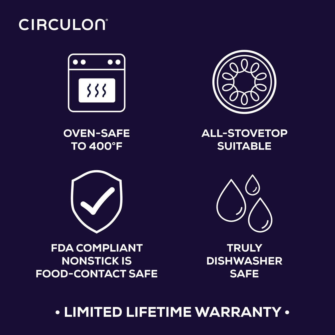 Circulon 12-Piece Set: oven-safe, all-stovetop, dishwasher-safe, ScratchDefense™.