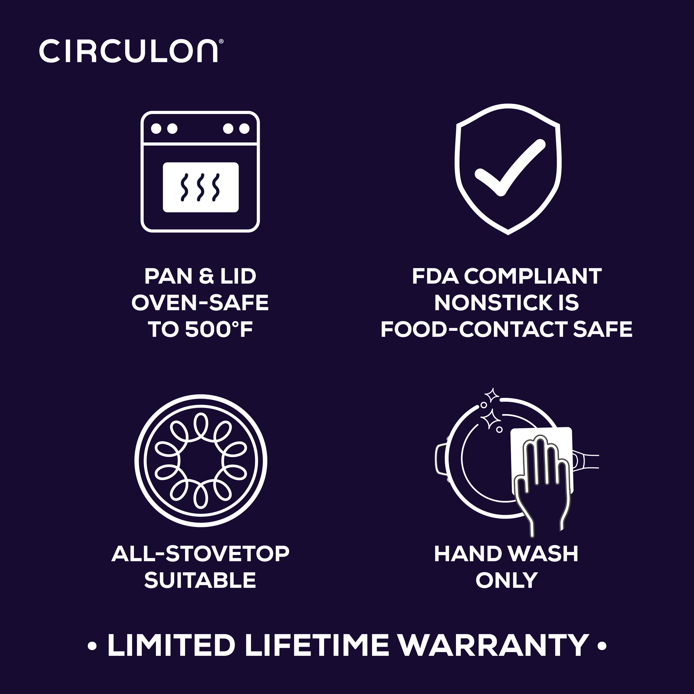Cookware features: oven-safe, nonstick, all-stovetop, hand wash only.