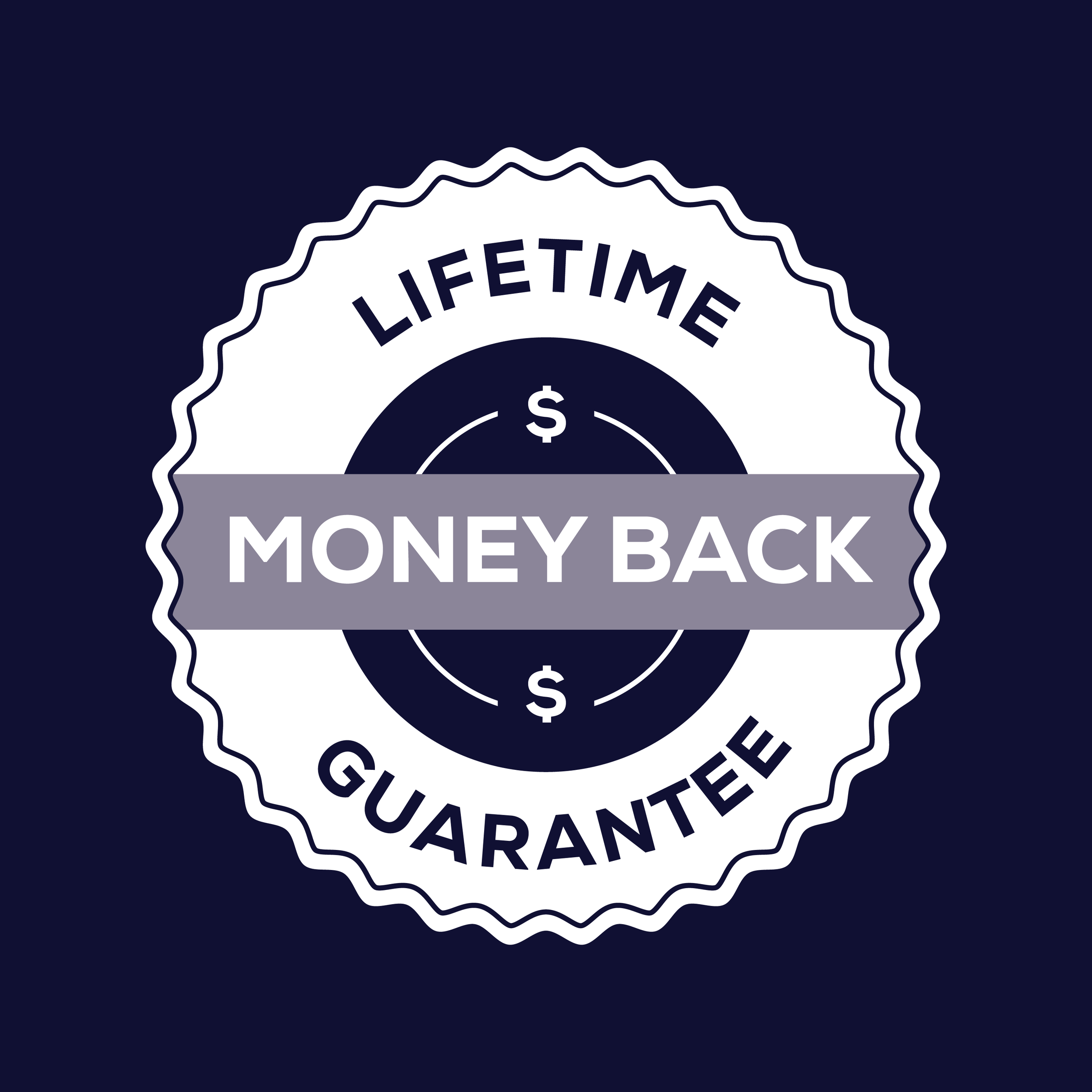 Badge with "Lifetime Money Back Guarantee" in bold text on a dark background.