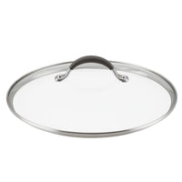 A round tempered glass pot lid with a stainless steel rim and handle.