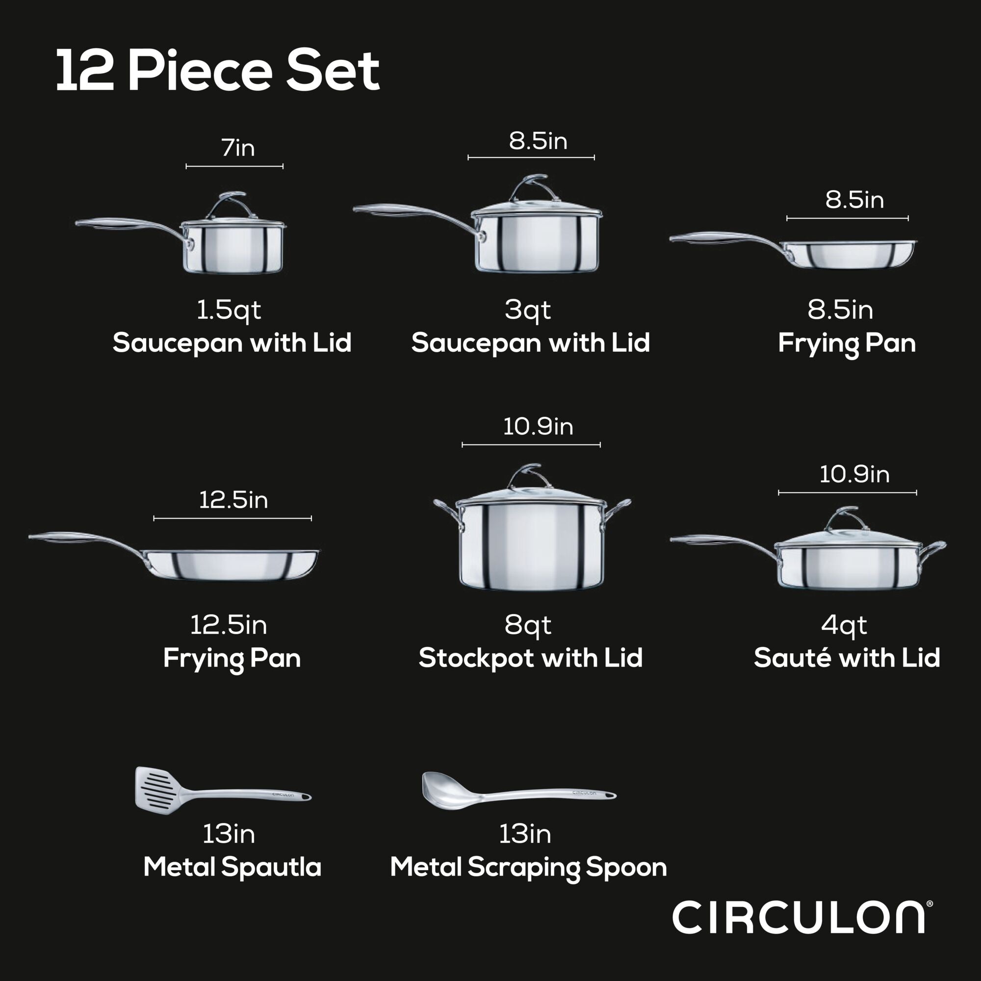 Diagram of a 12-piece cookware set with various pots, pans, and utensils.