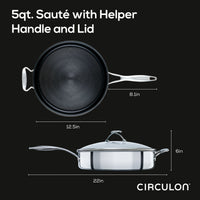 Cookware with helper handle and lid, dimensions displayed on a dark background.