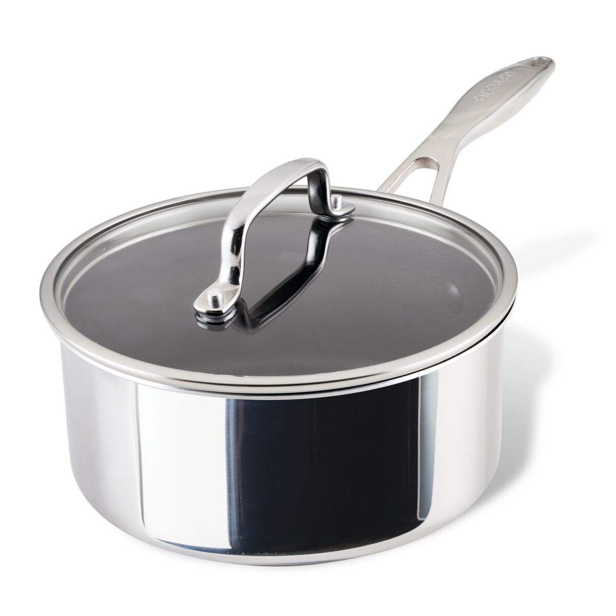 3-Quart ScratchDefense™ C1 Nonstick Sauce Pan includes lid and long handle.