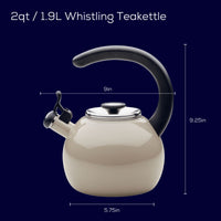 Cream whistling teakettle with black handle, dimensions listed.