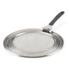 Universal Stainless Steel Splatter Guard: black handle, dishwasher-safe.