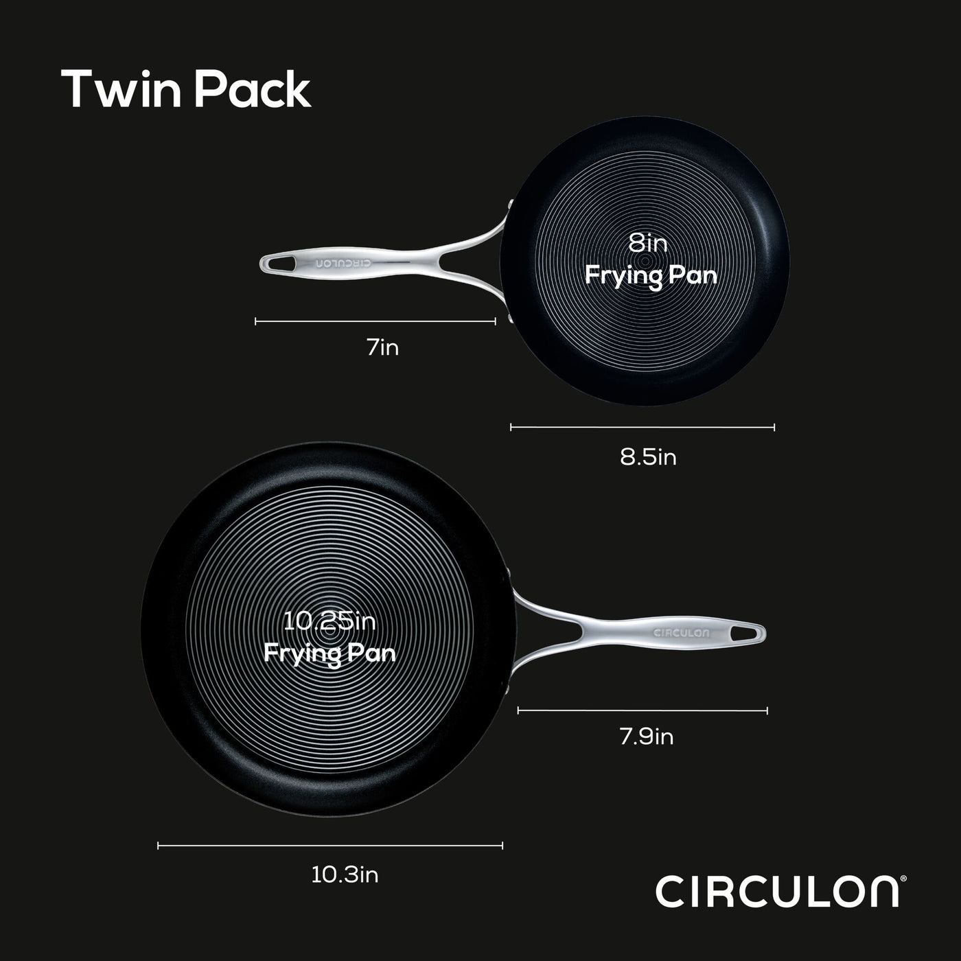 Twin pack of Circulon frying pans: 8in and 10.25in sizes shown with handles.