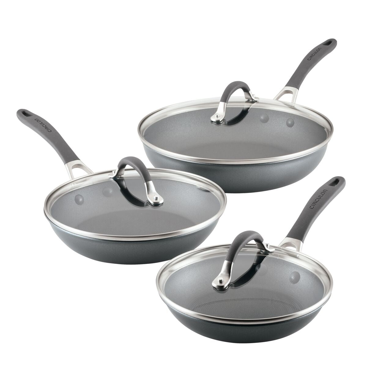 Three nonstick frying pans with lids and handles.
